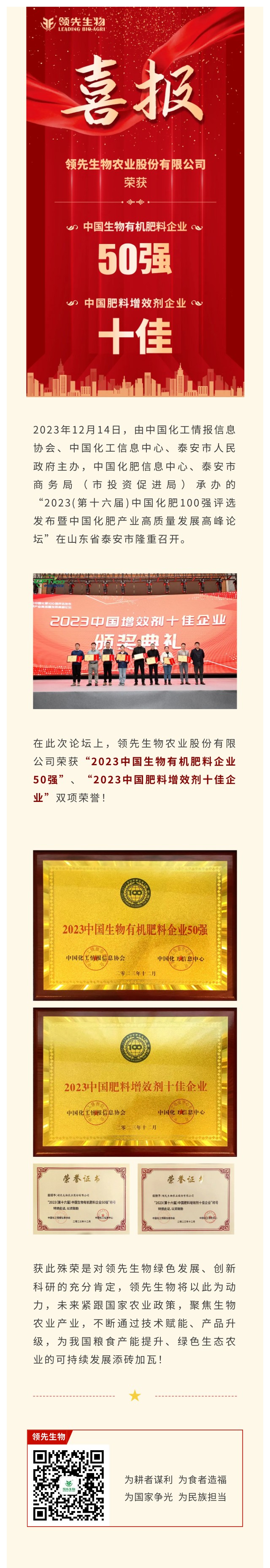 實(shí)力上榜 | 領(lǐng)先生物榮獲2023中國生物有機(jī)肥料企業(yè)50強(qiáng)！中國肥料增效劑十佳企業(yè)！